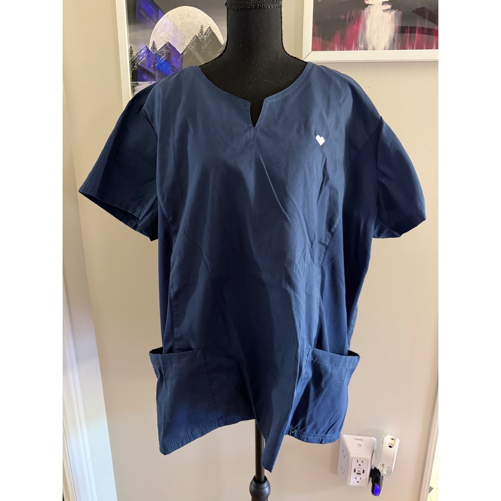 Superior Uniform Group Navy Blue Scrub Top 2XL Notched V-Neck Heart Detail 74725